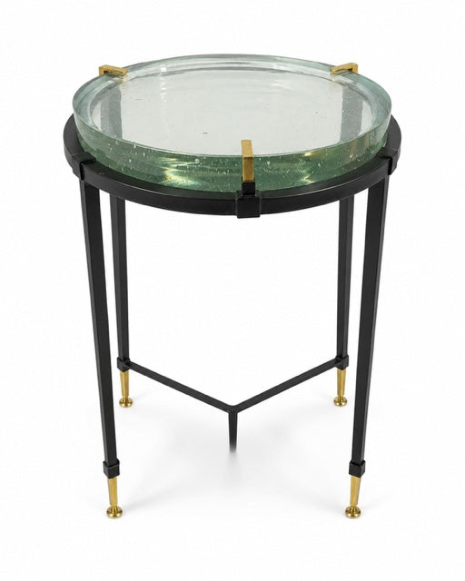 Modern Round Cast Glass Accent Table with Matte Black & Brass Base