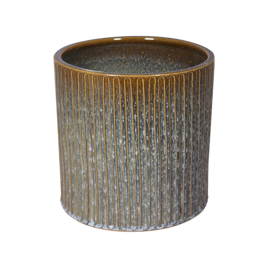10" Rustic Green Grooved Pot