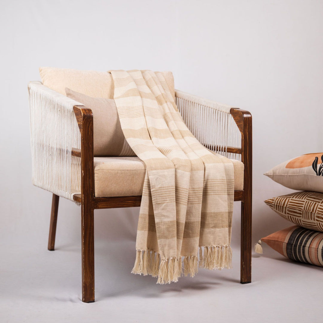 Cotton Striped Throw Blanket with Knotted Fringes