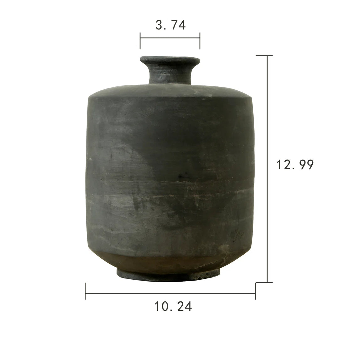 13" Earthy Gray Pottery Vase - Cylinder with Small Opening