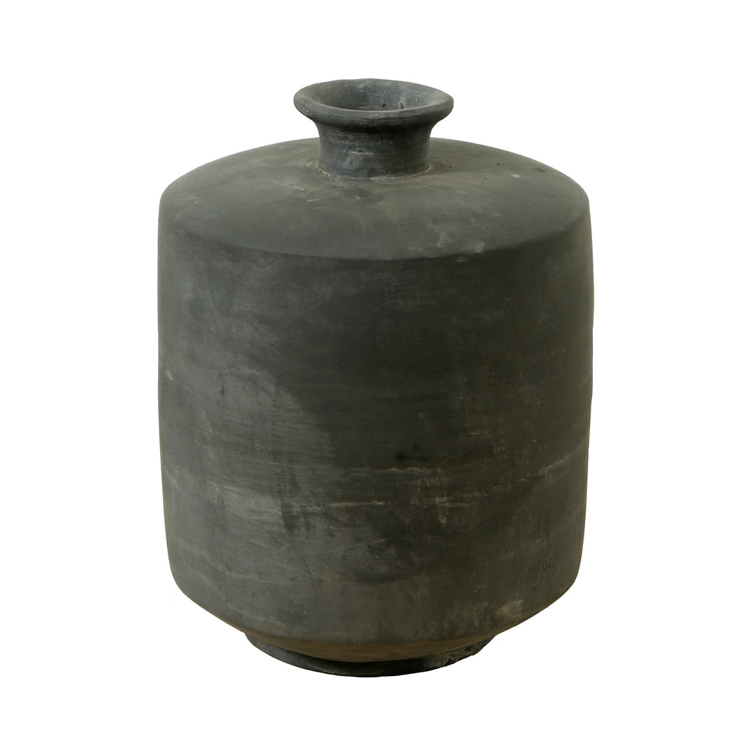 13" Earthy Gray Pottery Vase - Cylinder with Small Opening