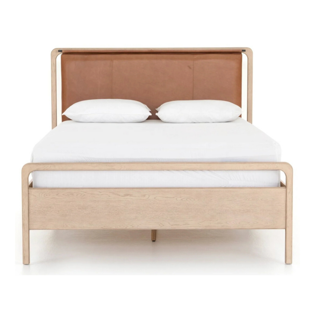 Brown Leather Upholstered, Oak - Queen