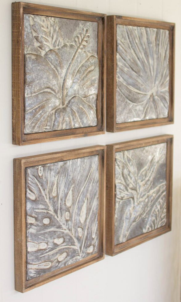 SET OF FOUR FRAMED TROPICAL PRESSED METAL TILES
