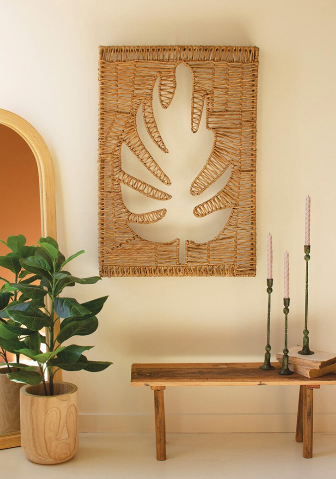 WOVEN SEAGRASS AND IRON LEAF WALL PANEL