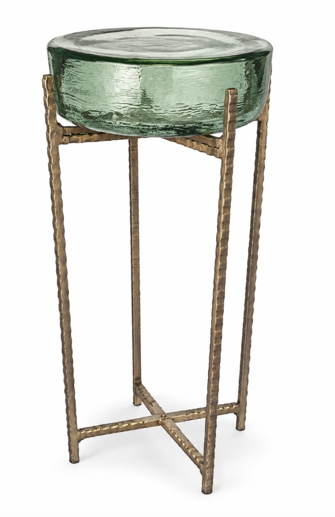 Artisan Glass & Hammered Brass Accent Table