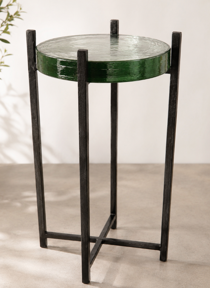 Artisian Green Glass Accent Table with Iron Base