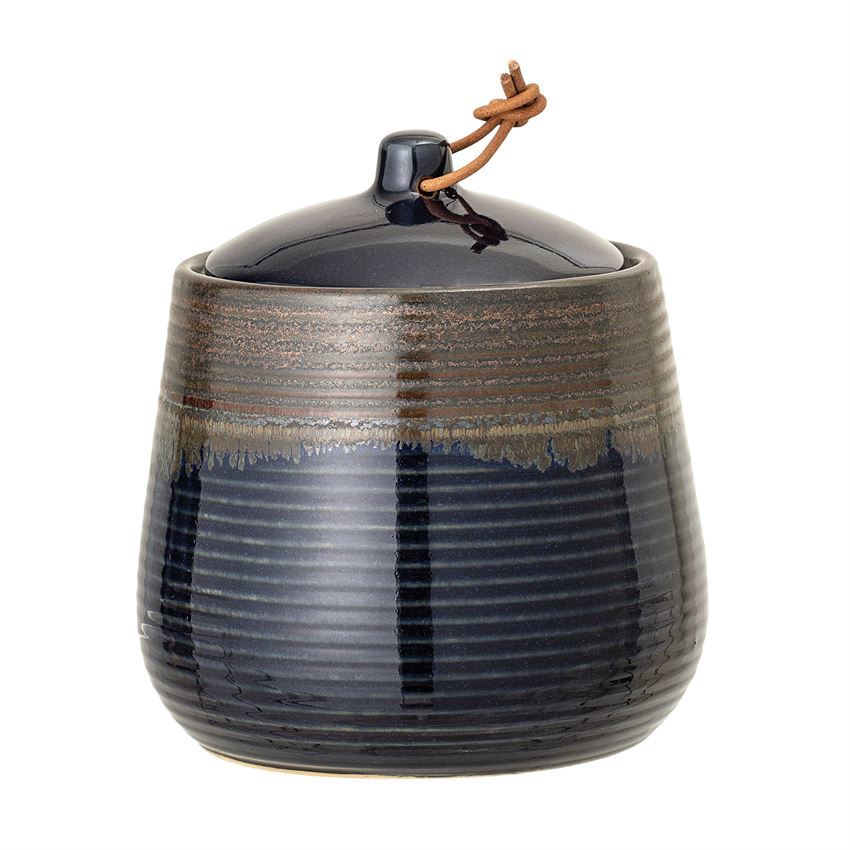 Blue Stoneware Jar with Lid & Leather Tie